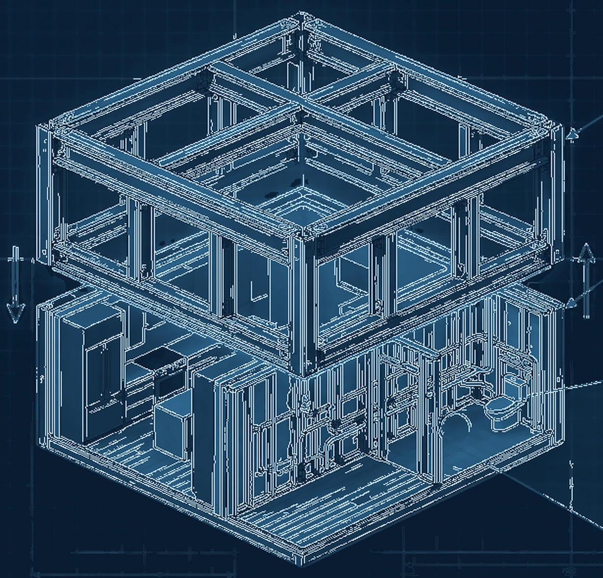 Exploded SI illustration separating the structural frame from interior partitions and services