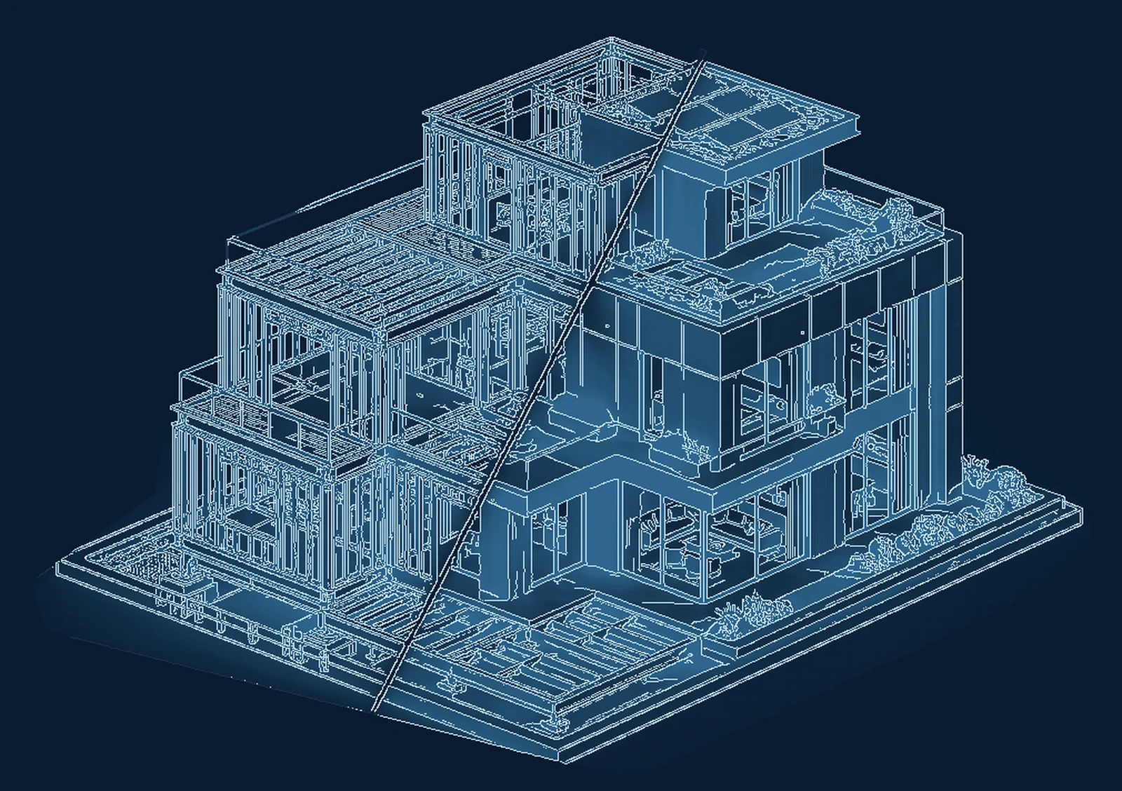 Structural skeleton and completed house illustration from the first page of Industrialized Precision Architecture