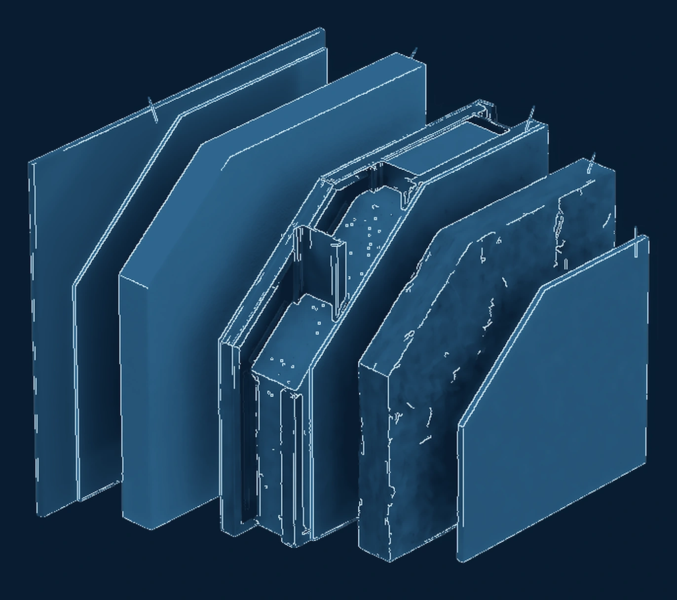 Exploded exterior wall illustration with exterior panel, insulation, steel and concrete core, glass wool and inner board