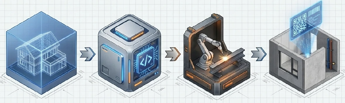 Company illustration connecting a building model, machine instructions, manufacturing and digital handover