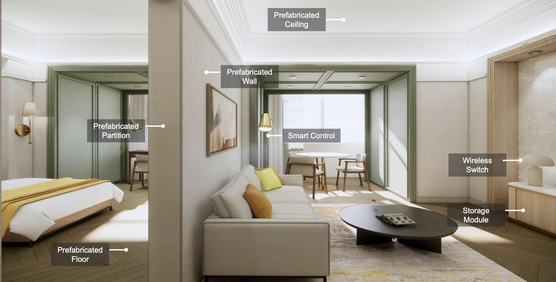 Warm prefabricated suite concept with coordinated wall panels, ceiling, floor and storage