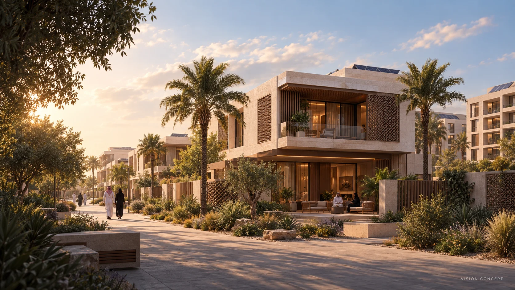 Concept visualization of a Saudi neighborhood with shaded villas, low-rise apartments and landscaped pedestrian streets